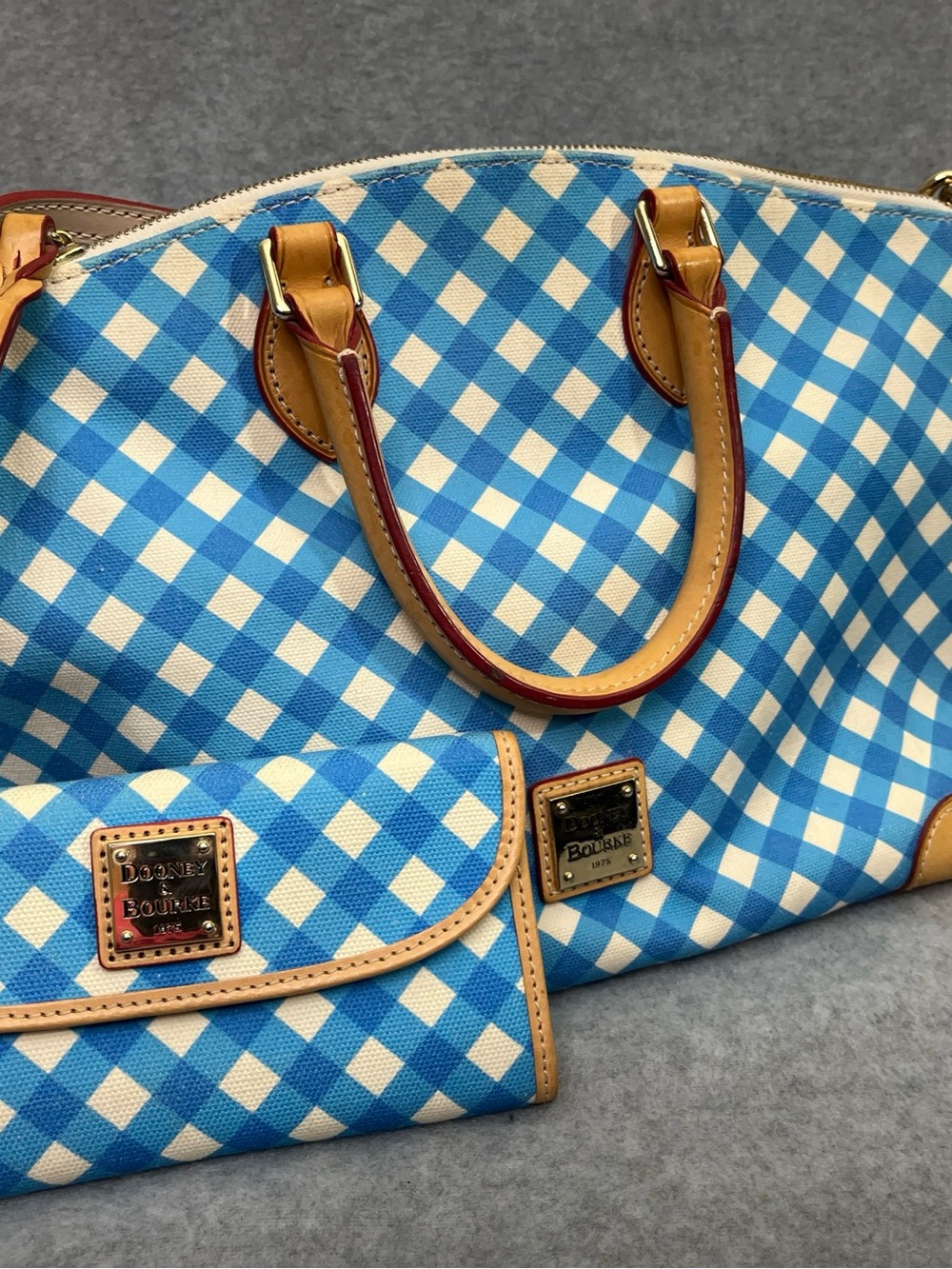 Dooney Bourke Blue White Gingham & Leather Domed Satchel Bag Purse & Wallet Set